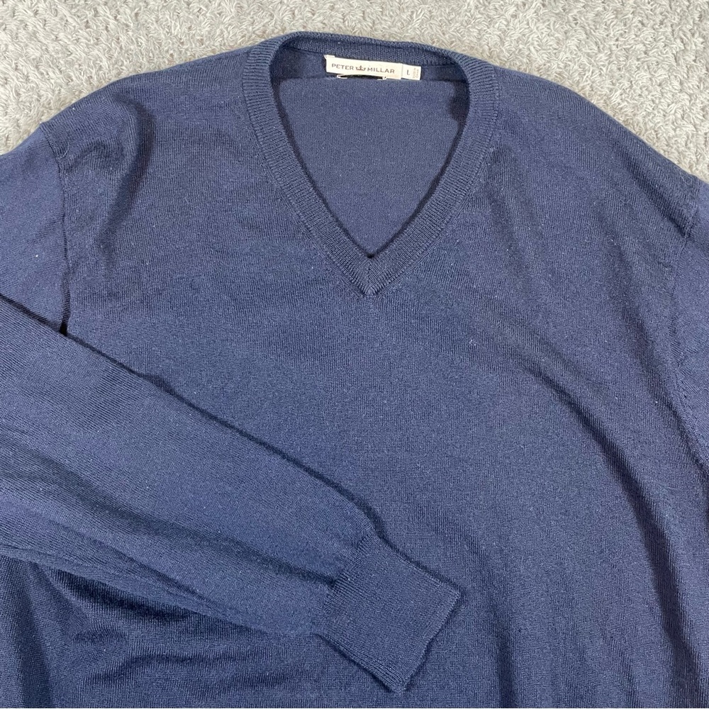 Peter Millar‎ Men's Sweater 100% Merino Wool V-Neck Blue Pullover Large FLAW